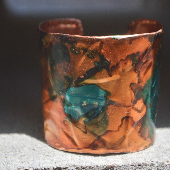 Abstract Copper Psychedelic Wide Cuff Bracelet Handmade Gift Colorful - Picture 8 of 8